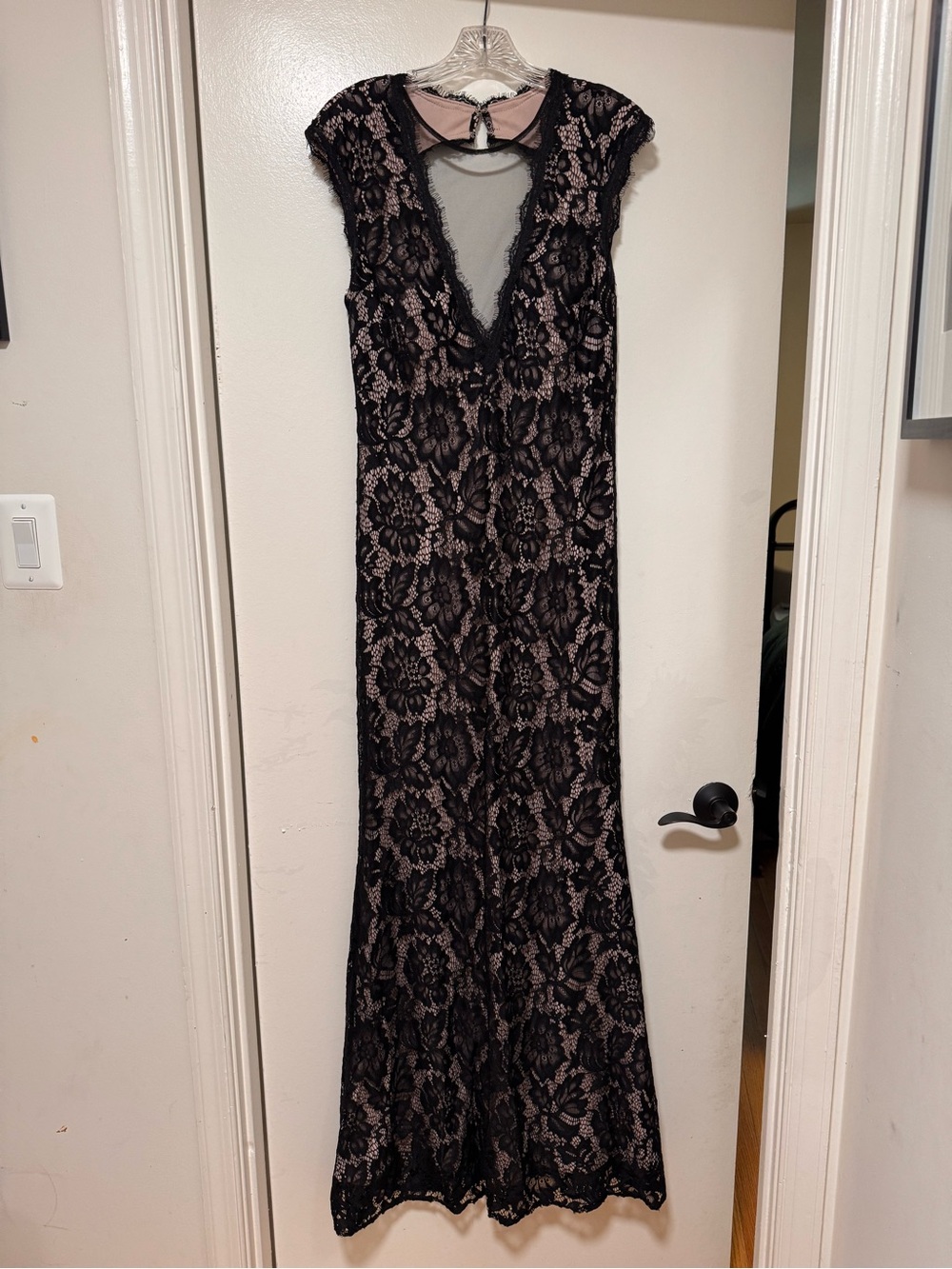 Black Lace Maxi Dress with Nude Underlay - Evening Gown